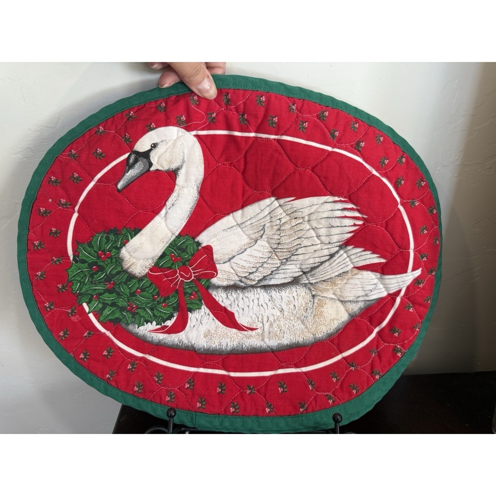 Vintage Christmas Placemats Set Of 4 Swan With Wreath‎ Red Multi